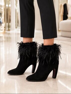 Elegant Black Ankle Suede Boots with Feather Trim❤️10